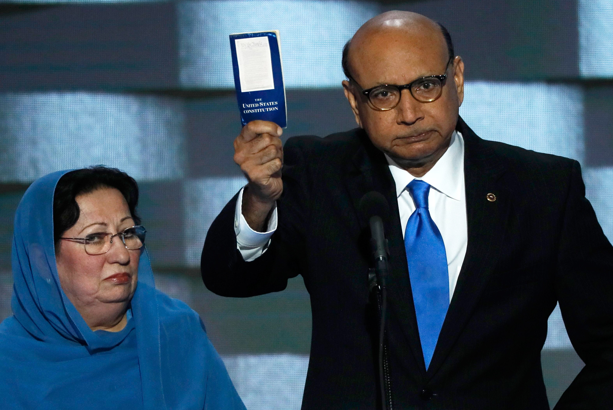 Father of slain US soldier holding a copy of US constitution as he challenged presidential hopeful Donald Trump