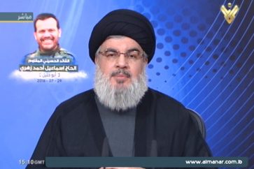 Hezbollah Secretary General Sayyed Hasan Nasrallah during a memorial ceremony of commander Ismail Zahri in Nabatieh