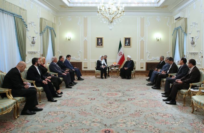 Iran's President Sheikh Hasan Rouhani and Speaker of the Syrian People's Assembly Hadiyeh Khalaf Abbas