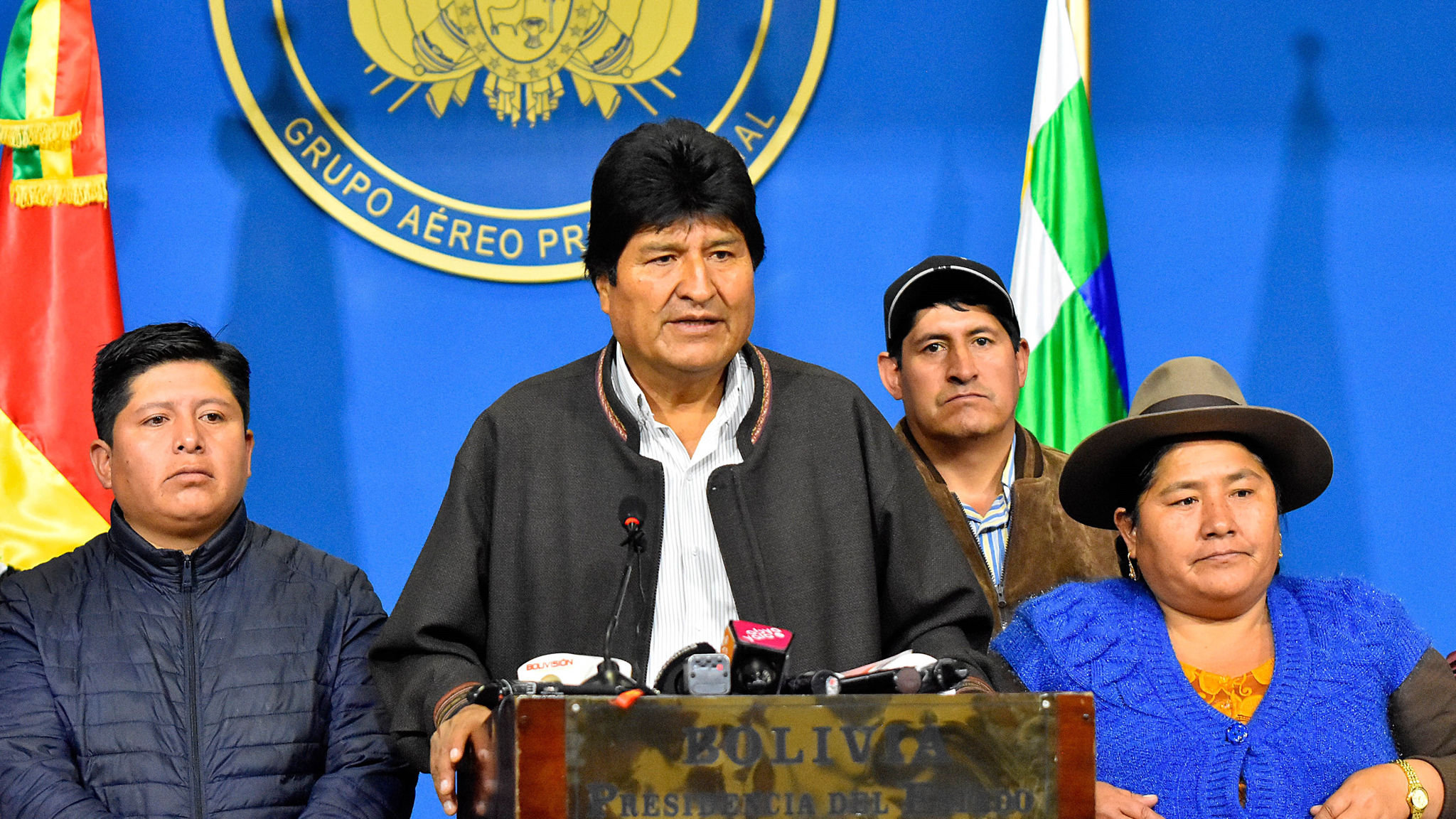 Mandatory Credit: Photo by STR/EPA-EFE/Shutterstock (10471029a)
Bolivian President Evo Morales (2-L) delivers a statement in El Alto, Bolivia, 10 November 2019. Morales announced the call for new general elections, following the report of the Organization of American States (OAS) that recommends the repetition of the first round of the elections held on October 20. He also assured that the new appointment with the polls will be held with a renewed electoral body, due to the allegations of fraud in the first round of which the current one is accused.
Evo Morales announces new elections in Bolivia after the OAS report, El Alto - 10 Nov 2019