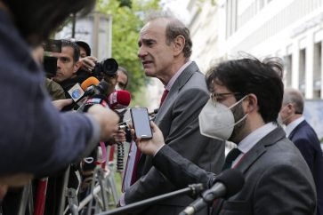 Deputy Secretary General and Political Director of the European External Action Service (EEAS), Enrique Mora, addresses the media as he leaves the 'Grand Hotel Wien' where closed-door nuclear talks with Iran took place in Vienna, Austria, Wednesday, May 19, 2021. World powers have held a fourth round of high-level talks aimed at bringing the United States back into a landmark nuclear deal with Iran. Both sides suggested a resolution was possible but major stumbling blocks remain.  (AP Photo/Lisa Leutner)