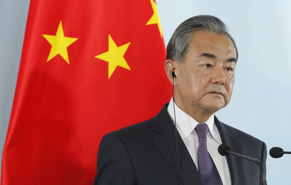 Chinese Foreign Minister Wang Yi attends a joint press conference with his Japanese counterpart Taro Kono and South Korean counterpart Kang Kyung-wha after their trilateral meeting at Gubei Town in Beijing Wednesday, Aug. 21, 2019. (Wu Hong/Pool Photo via AP)