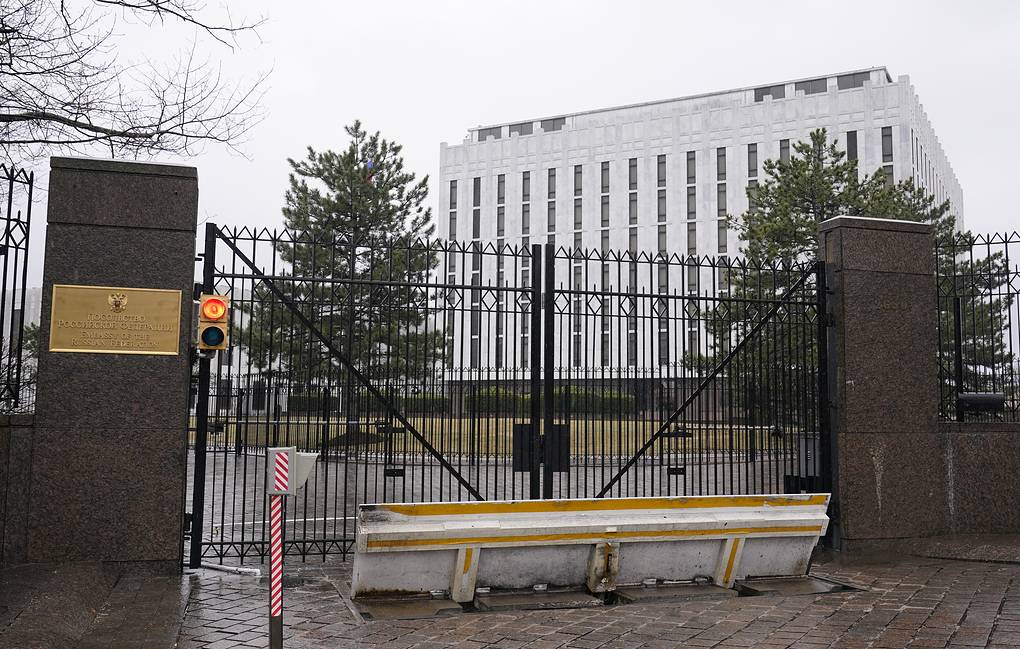 A view of the Russian Embassy in Washington, Thursday, Feb. 24, 2022. (AP Photo/Susan Walsh)