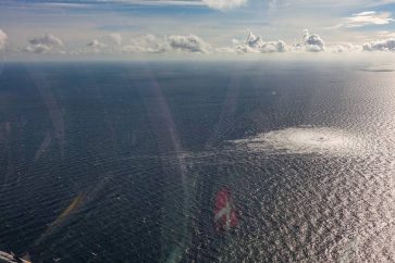 epa10209594 A handout photo taken from a Danish F-16 jet on 27 September 2022 and made available by the Danish Defence Command shows a gas leak of the Nord Stream 2 pipeline off Bornholm, Denmark, Baltic Sea. The Danish energy agency confirmed 27 September 2022 three gas leaks on the Nord Stream 1 and 2 pipelines.  EPA-EFE/Danish Defence Command / HANDOUT  HANDOUT EDITORIAL USE ONLY/NO SALES