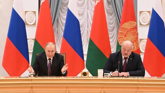 Russian President Vladimir Putin holds a joint press conference with Belarusian counterpart, President Aleksandr Lukashenko