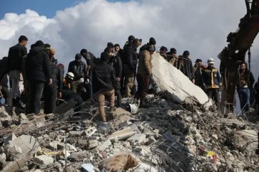 Rescue workers look for survivors in Jindires, Syria following devastating earthquake (February 8, 2023).