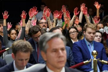 Blinken during the Congress session, with protesters behind him