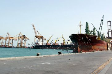 A ship is docked at the Red Sea port of Hodeidah