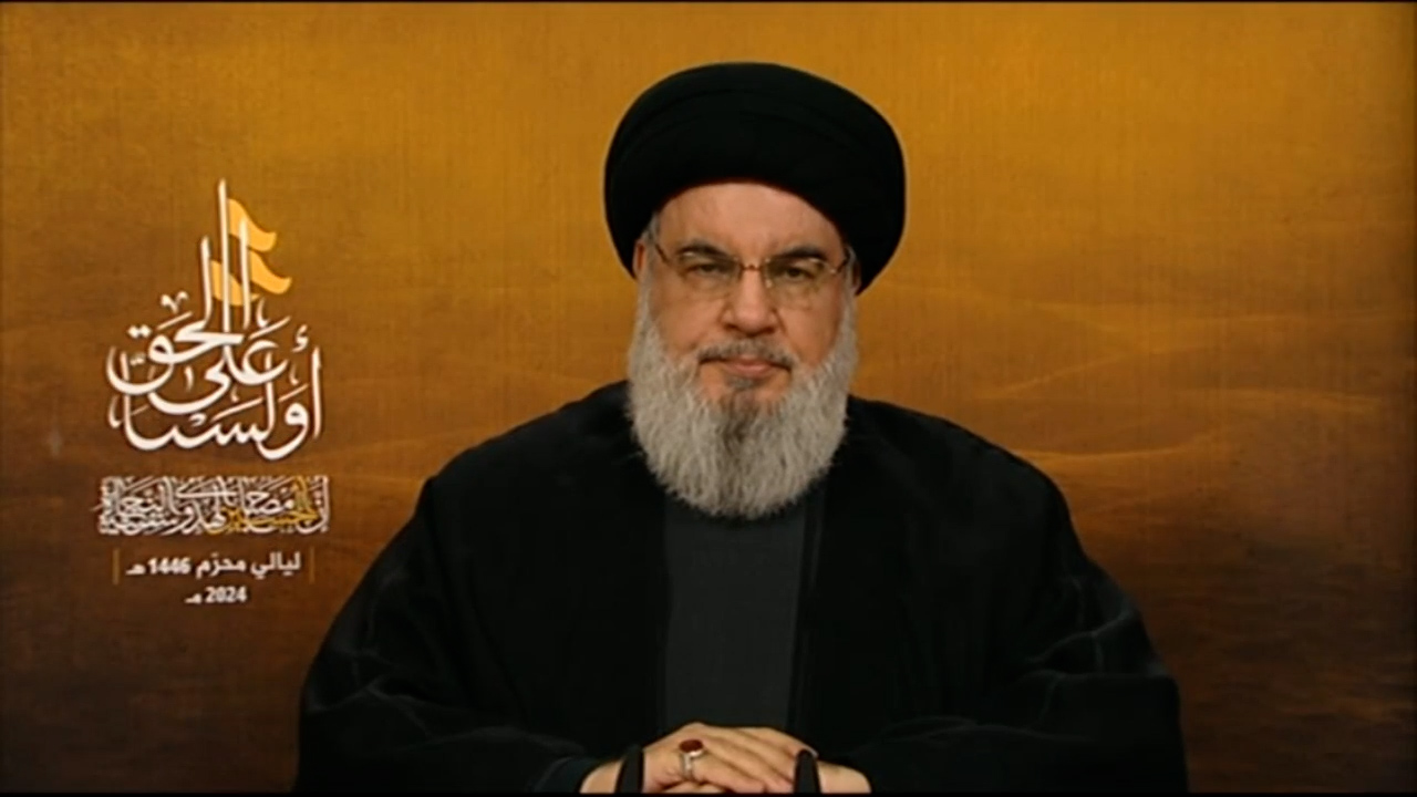 Sayyed Hasan Nasrallah delivers a televised speech on the first night of Ashura 2024