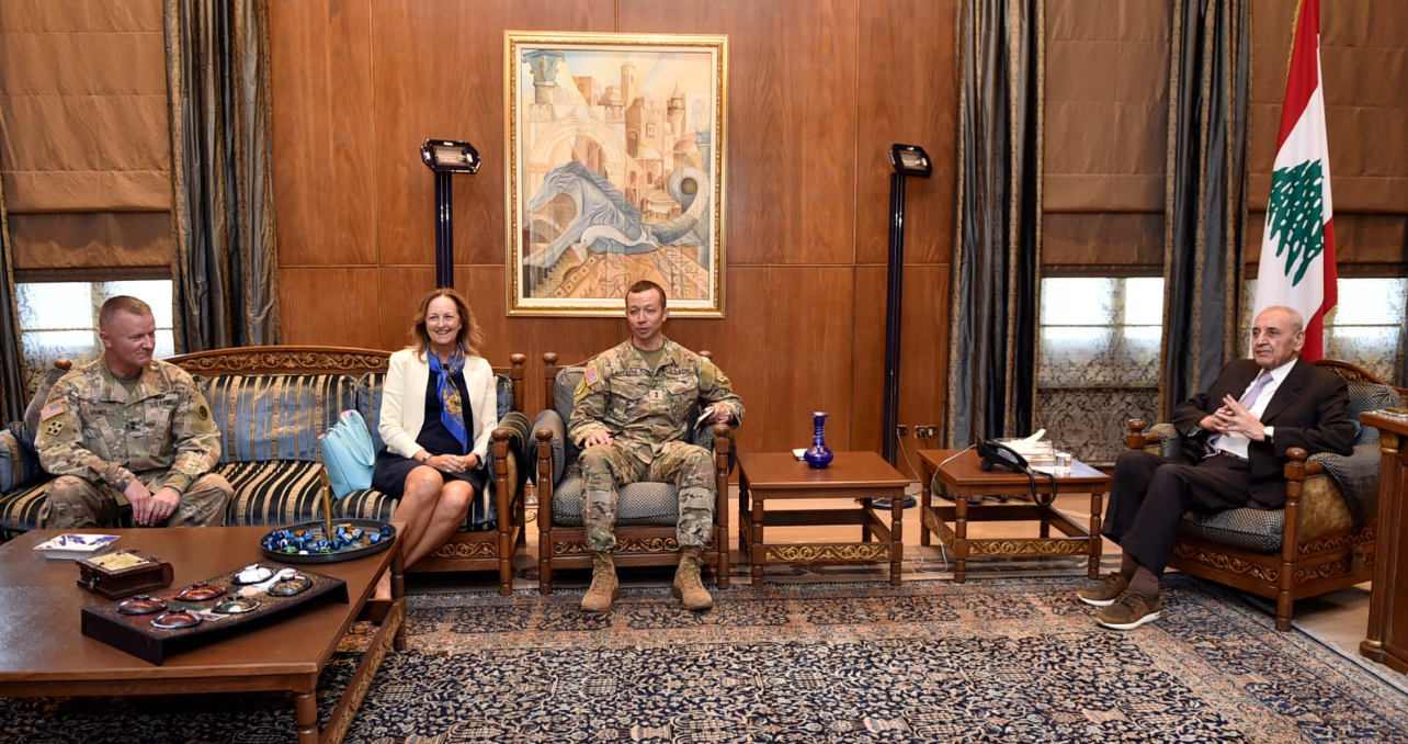 House Speaker Nabih meets with the head of the committee monitoring ceasefire in Lebanon General Jesper Jeffers and the full-time senior U.S. military leader in Beirut, Major General Michael Leeney, in presence of the US Ambassador Lisa Johnson