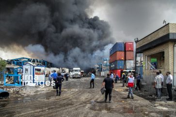 People gather at the site of a powerful explosion at Shahid Rajaee Port in Hormozgan Province on April 26, 2025.