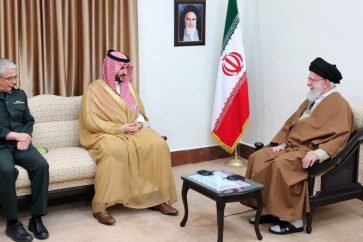 Saudi Defense Minister Prince Khalid bin Salman, center, holds talks with Leader of the Islamic Revolution Ayatollah Khamenei in Tehran on Thursday, April 17, 2025. (Photo by Khamenei.ir)