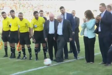 PM Nawaf Salam starting the first official soccer game at the Sports City Stadium after a long closure