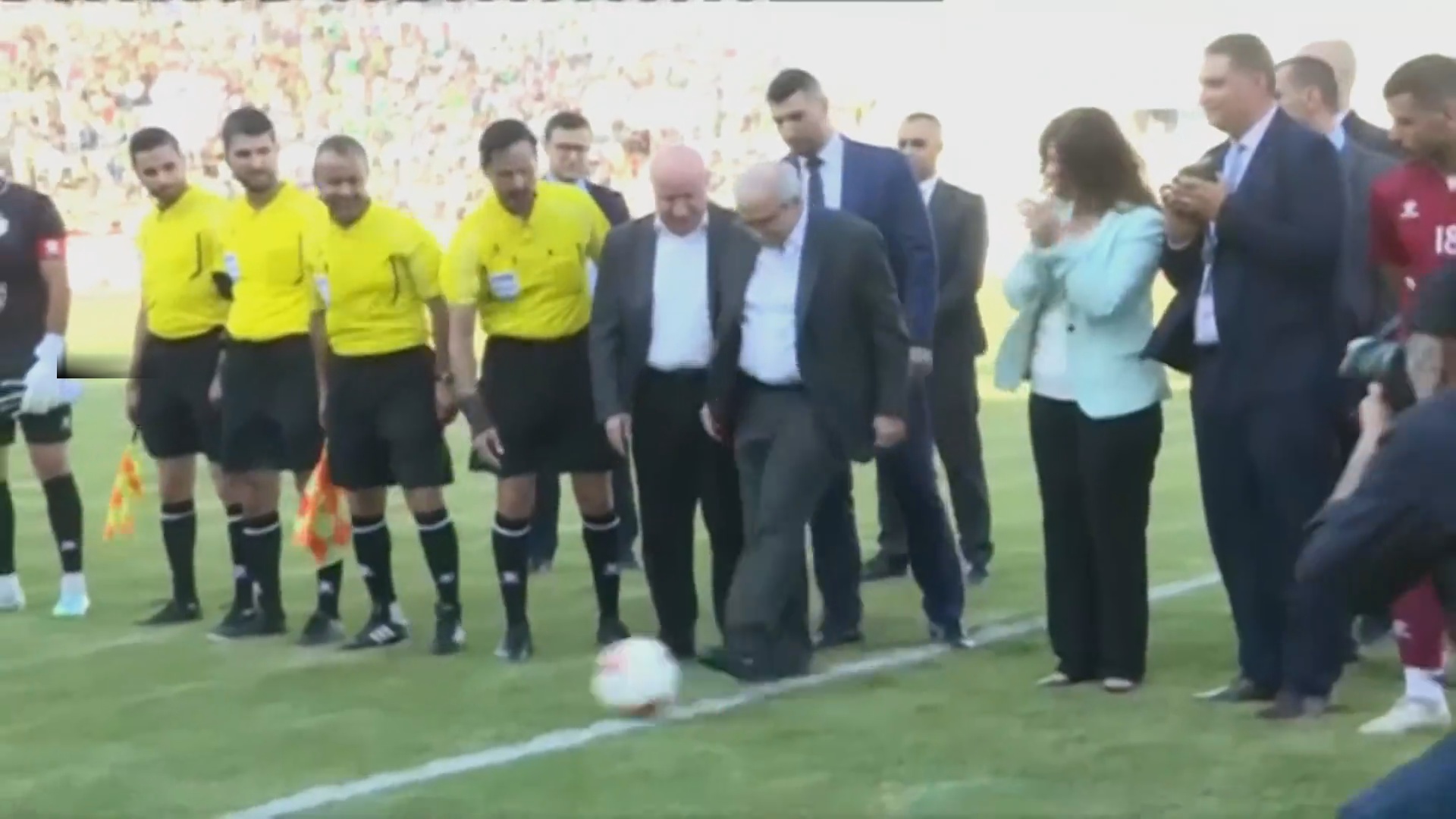 PM Nawaf Salam starting the first official soccer game at the Sports City Stadium after a long closure
