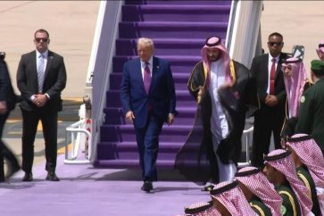 US President Donald Trump is greeted by Saudi Crown Prince Mohammed bin Salman in Riyadh, Saudi Arabia