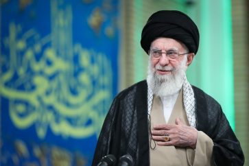 Leader of the Islamic Revolution Ayatollah Sayyed Ali Khamenei meets workers in Tehran on May 10, 2025.