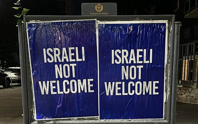Posters reading 'Israeli not welcome' appeared in several locations in Milan, Italy on June 26, 2025.