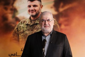 Hezbollah MP Mohamamd Raad as he appears via video link in a memorial service of a martyr in south Lebanon (October 20, 2025).