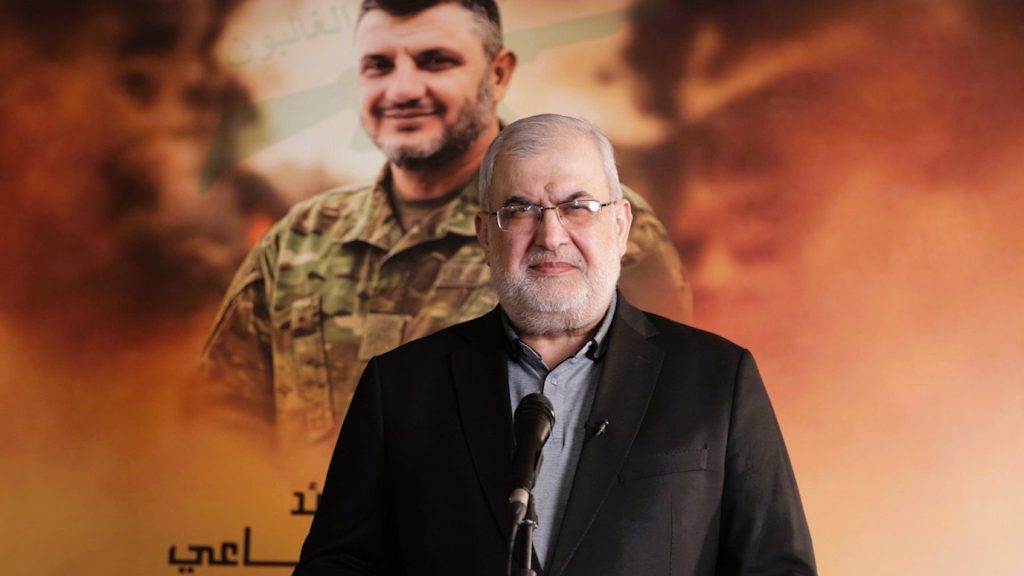 Hezbollah MP Mohamamd Raad as he appears via video link in a memorial service of a martyr in south Lebanon (October 20, 2025).